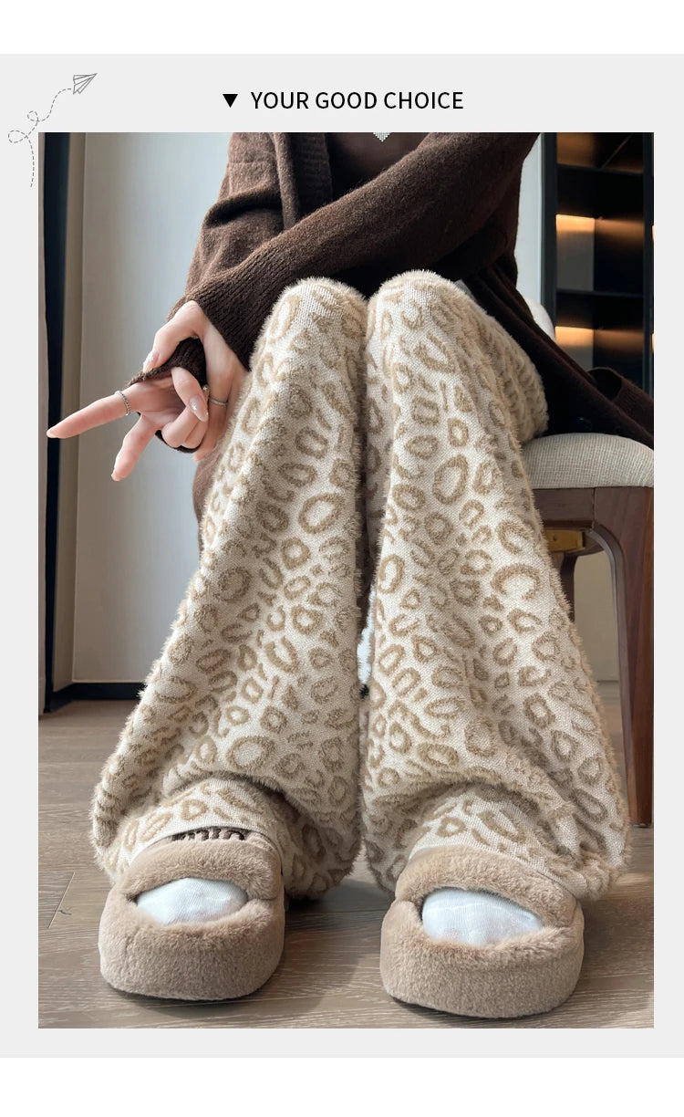 Leopard Print Contrast Color Basic Full Length Wide Leg Pants