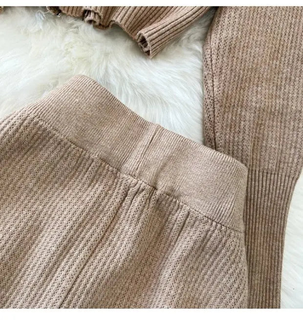 Zipper Hooded Slim Fit Knitted Sweatshirt Set