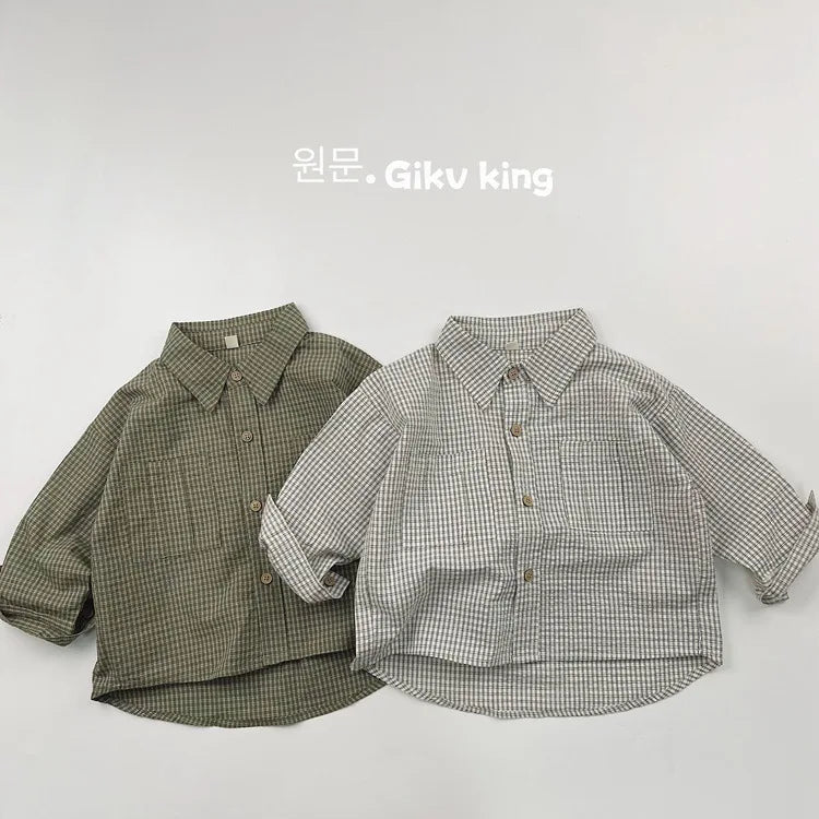 2025 Spring New Children Long Sleeve Lapel Plaid Shirts Infant Boys Vintage Casual Coat Toddler Girls Pocket Tops Kids Clothes
