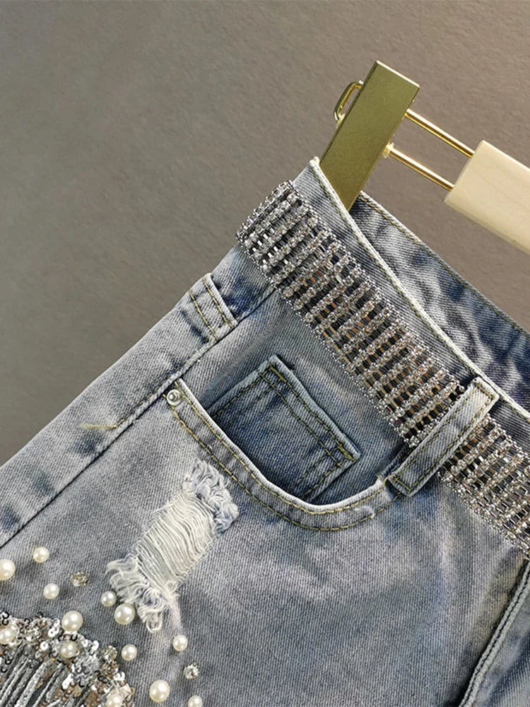 Tassel Beading High Waist Wide Leg Denim Shorts