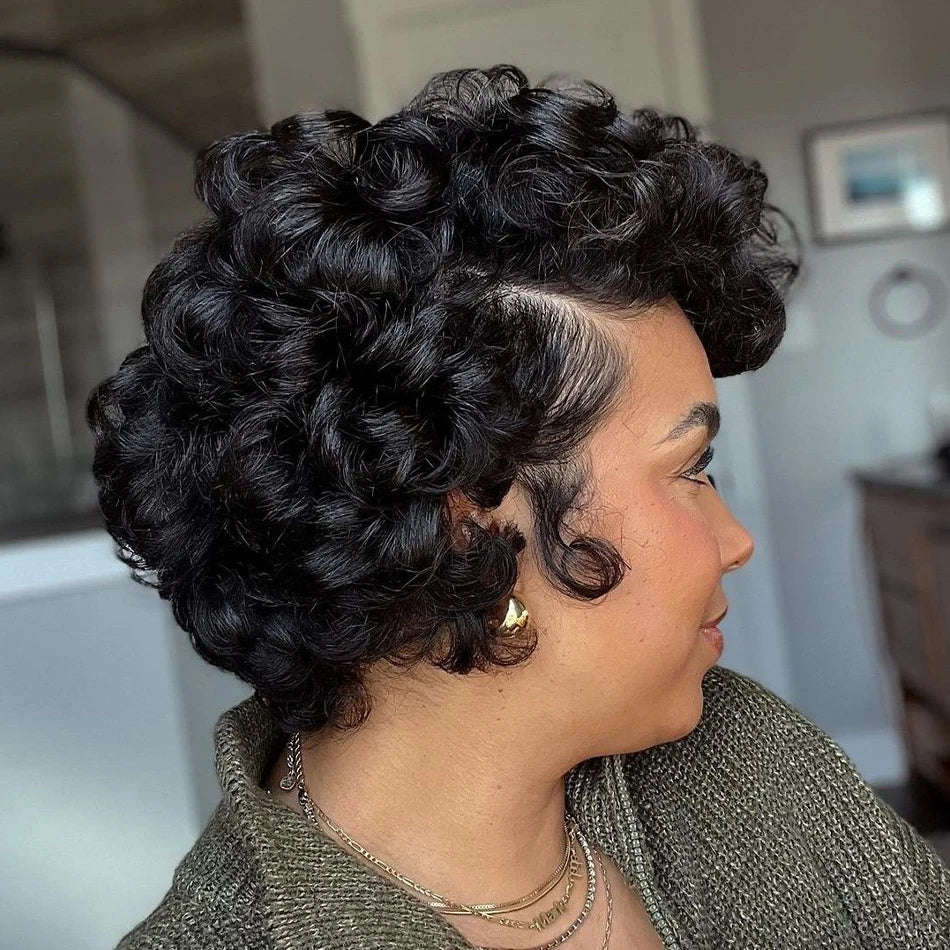 Short Curly Pixie Cut Wig Human Hair for Women Black Layered 13x4x1 T-Part Lace Front Short Human Hair Pixie Cut Glueless Wig