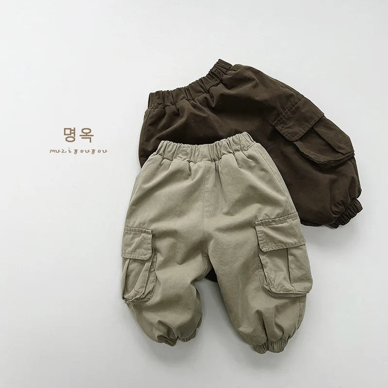 Winter New Children Loose Trousers Plus Velvet Thicken Baby Boy Girls Solid Casual Pants Fashion Kids Fleece Warm Cargo Pants