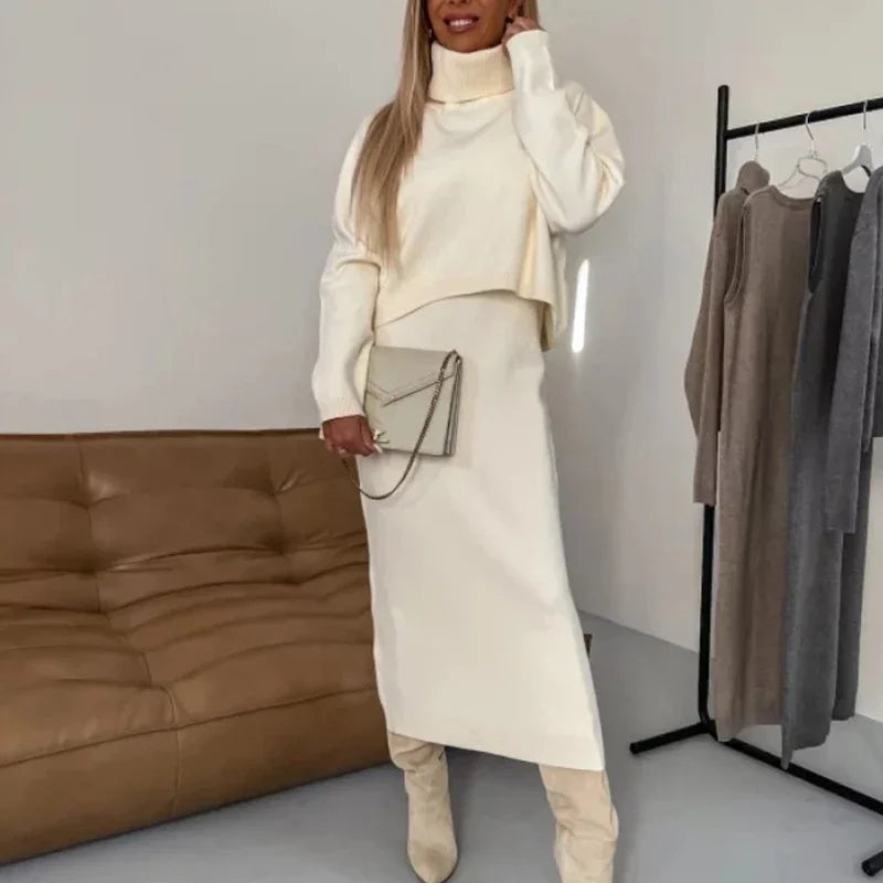 Solid Turtleneck Knitted Set