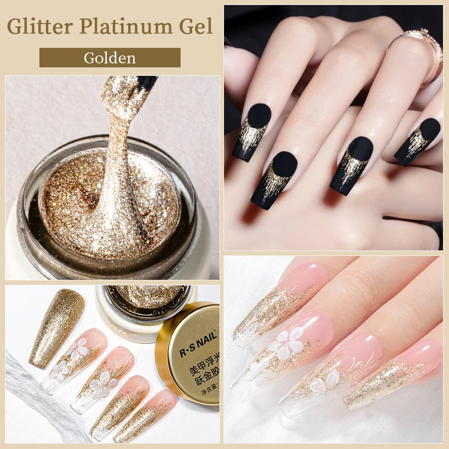 RSNAIL No Wipe Platinum Gel Nail Polish 8g Sparkle Painting Metallic Golden Silvery Liner Gel French Drawing Liner DIY Nail Art