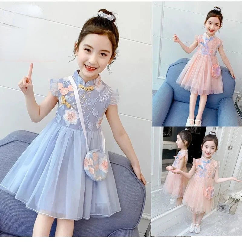 Girls Dress Summer Clothes Hanfu New Fashion Children's Vintage Net Yarn Dress Kids Girls Dresses for School Wedding of 12 Years