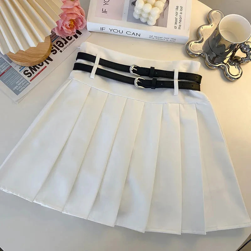 Double Belt Pleated Skirt