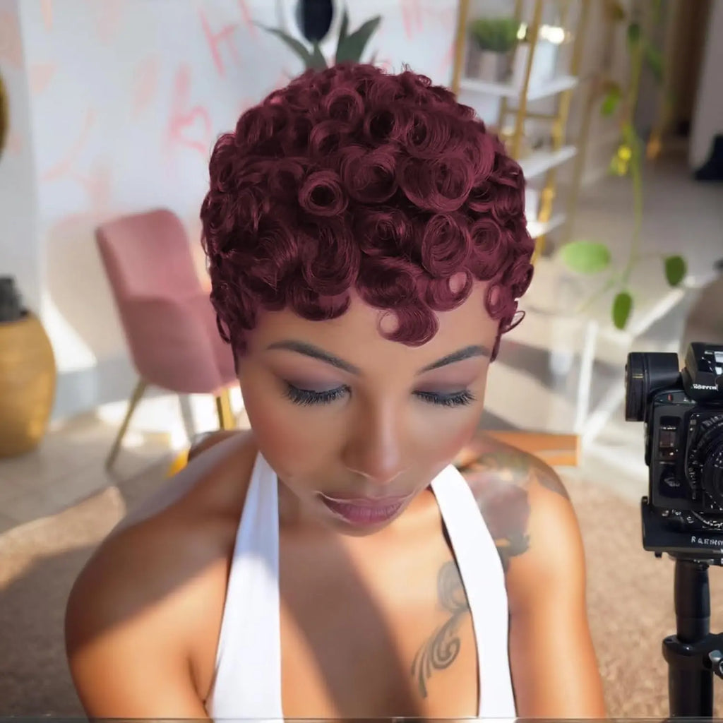 99J Short Layered Pixie Curly Wig