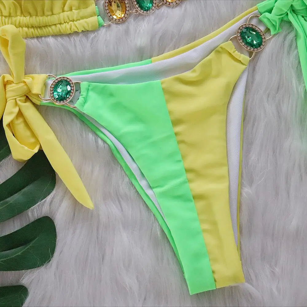 Rhinestones Splicing Bikini Set