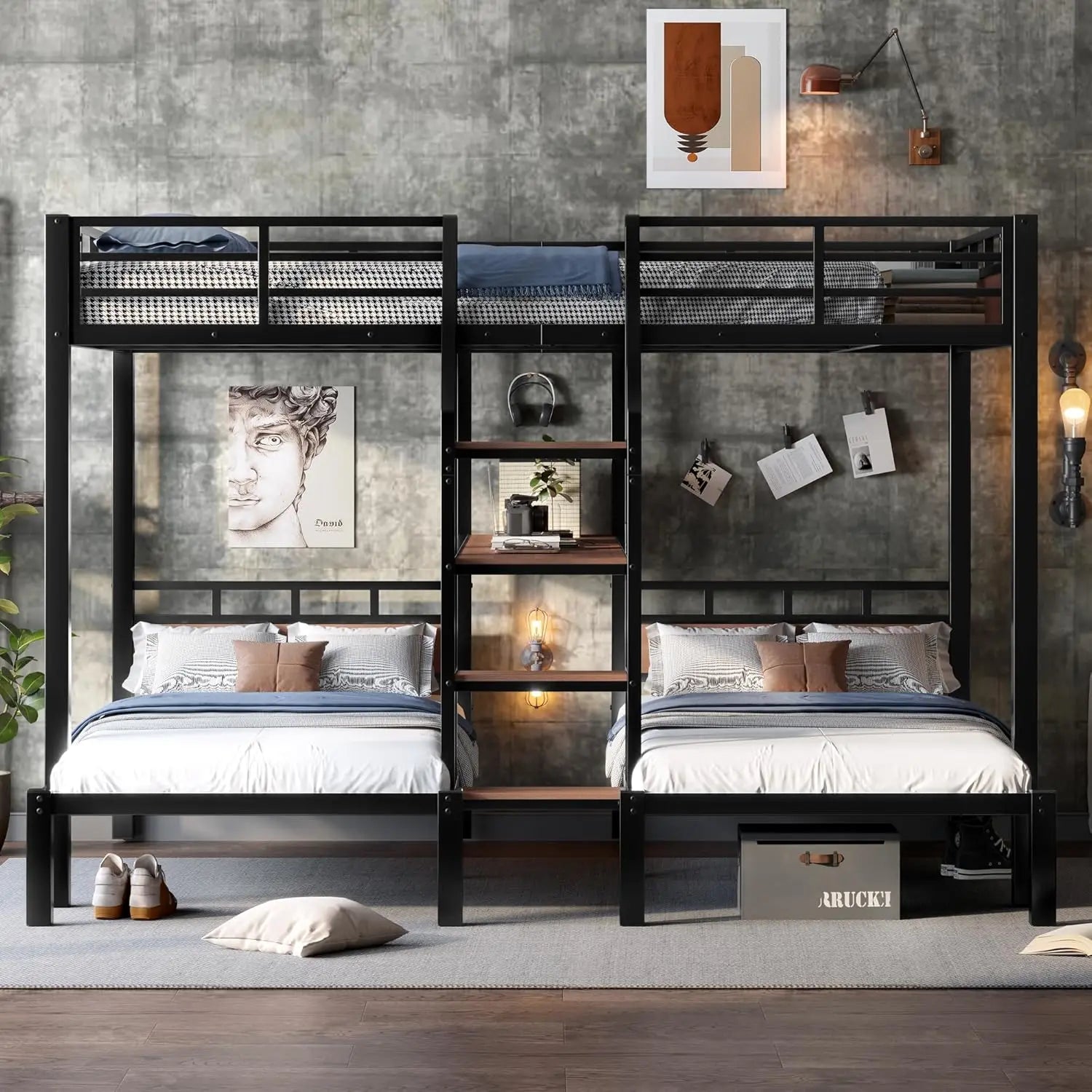 Queen Over Twin Over Twin Metal BunkBed with Storage Stairs and Shelves