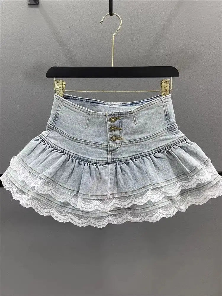 Denim Pleated Skirt Lace Fold Design A-line Short Skirt Built in Shorts