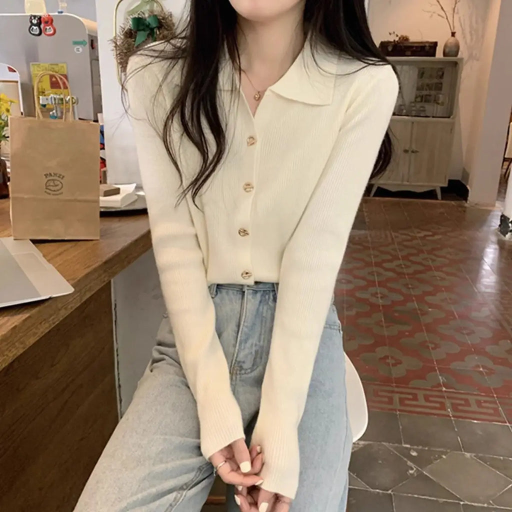 Autumn Elegant Fashion Solid Knit Cardigan Women Clothing Chic Turn-down Collar Long Sleeve Sweater All-match Elegant Button Top