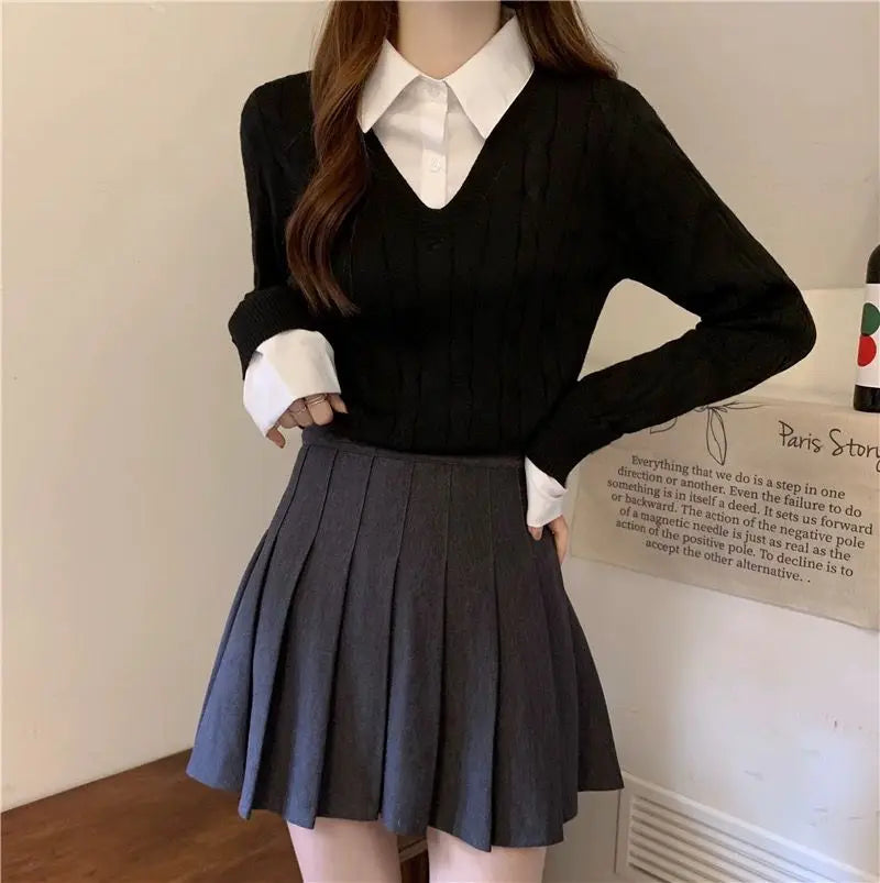 Fake Two Shirts, Knitted Sweater Women's Autumn/winter New Item Shirt Collar Niche Sweater Long Sleeved Top Inner Layer as Base