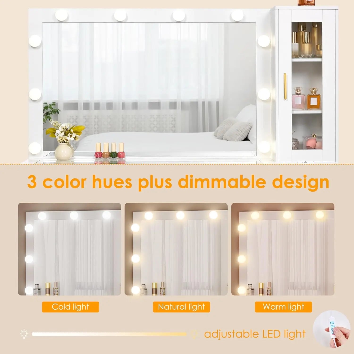 49.2" Large Vanity Desk with Mirror and Lights,White Makeup Vanity Table with Glass Top,Stool,Makeup Desk with Power Outlet