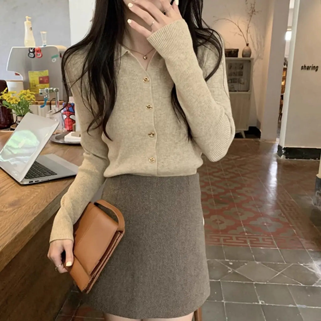 Autumn Elegant Fashion Solid Knit Cardigan Women Clothing Chic Turn-down Collar Long Sleeve Sweater All-match Elegant Button Top