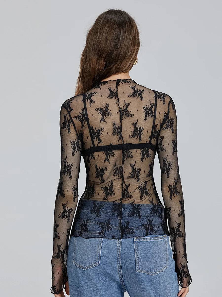 Chic Floral Lace Sheer Tops Women Long Sleeve Mock Neck Mesh Layering Top Sexy See Through Y2k Floral Tee Shirts Street Blouse