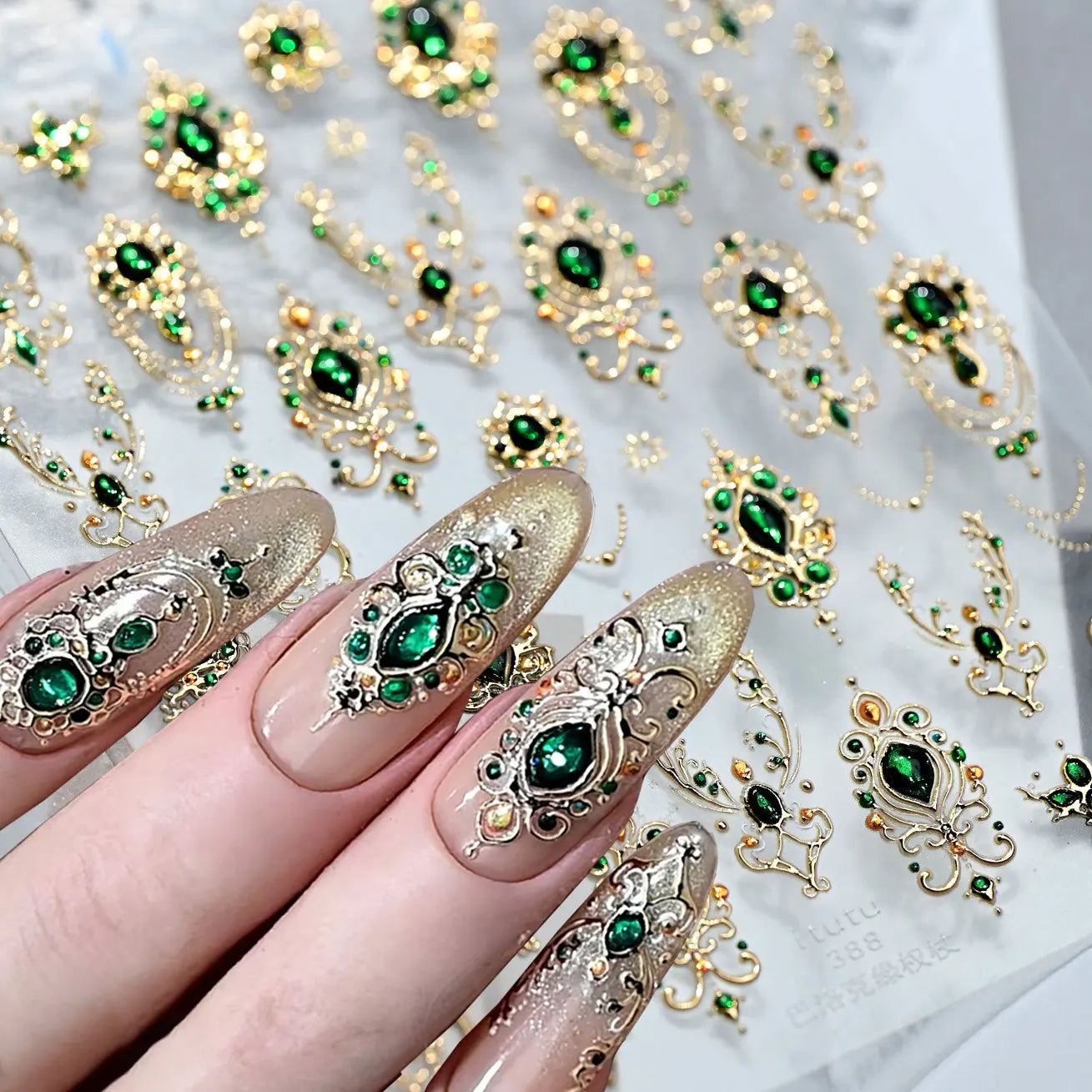 5D Embossed Emerald Gemstones Nail Art Stickers