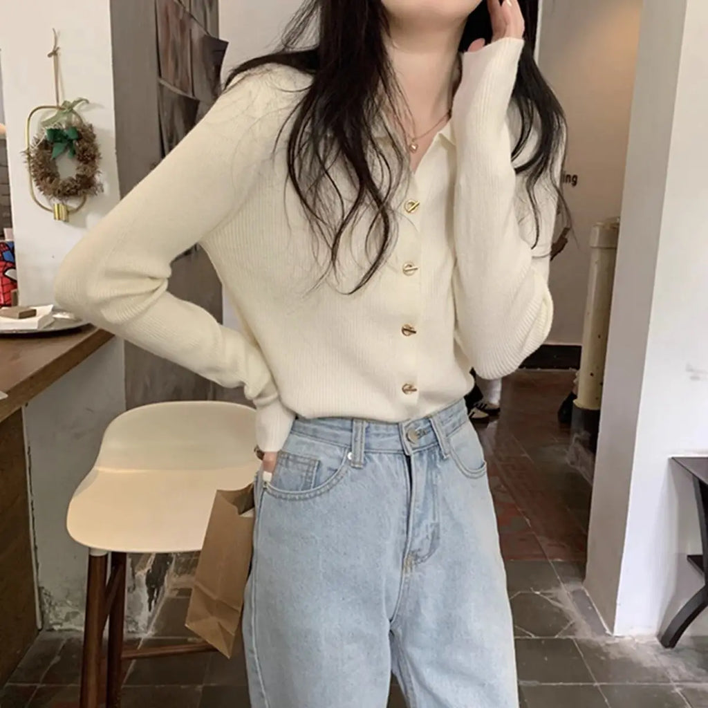 Autumn Elegant Fashion Solid Knit Cardigan Women Clothing Chic Turn-down Collar Long Sleeve Sweater All-match Elegant Button Top