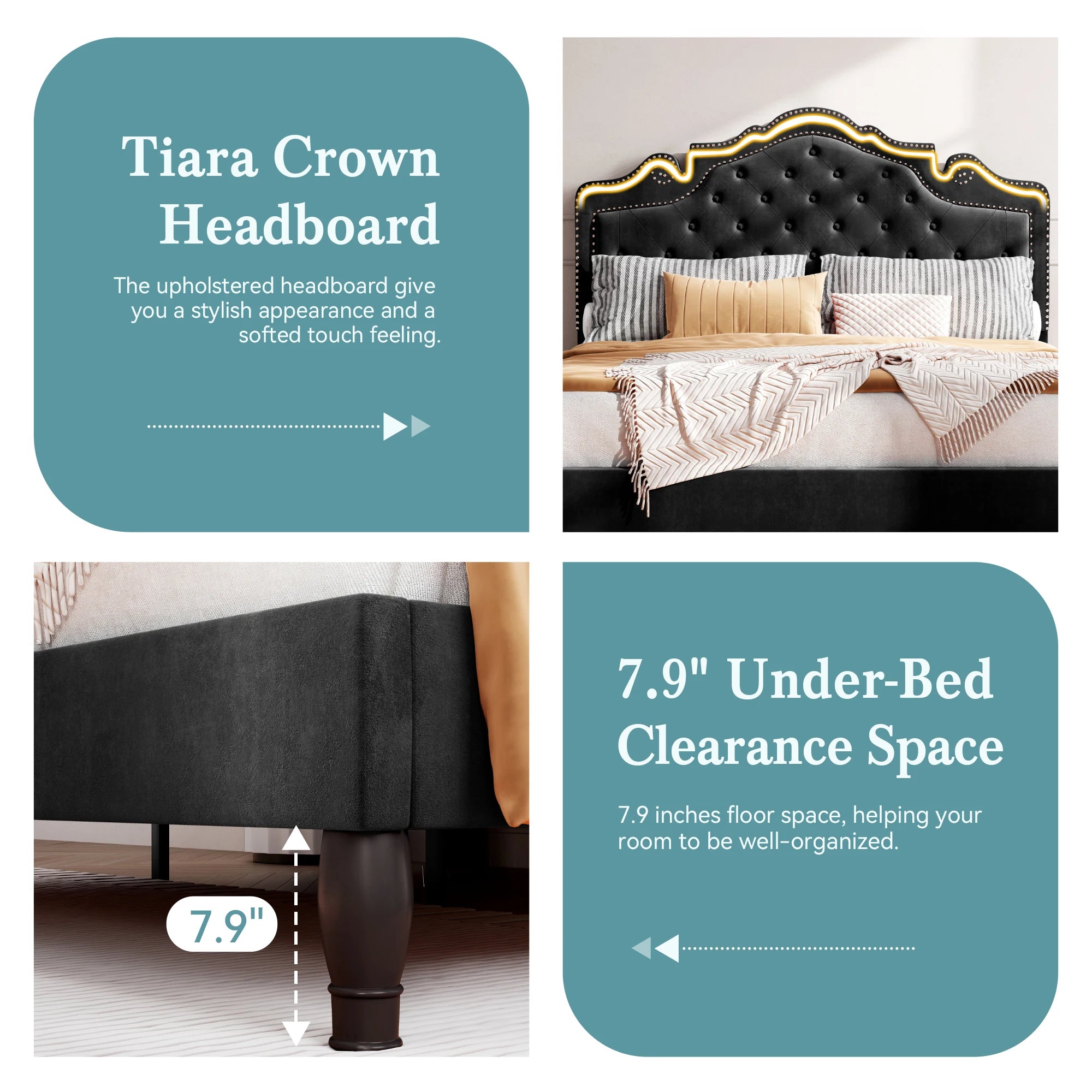 Bed Frame with Adjustable Velvet Tiara Headboard
