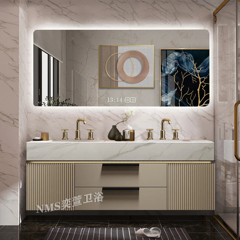 Light Luxury Slate Integrated Basin Bathroom Cabinet Double Washbasin Combination Toilet Washbasin Modern Simple Oak Smart