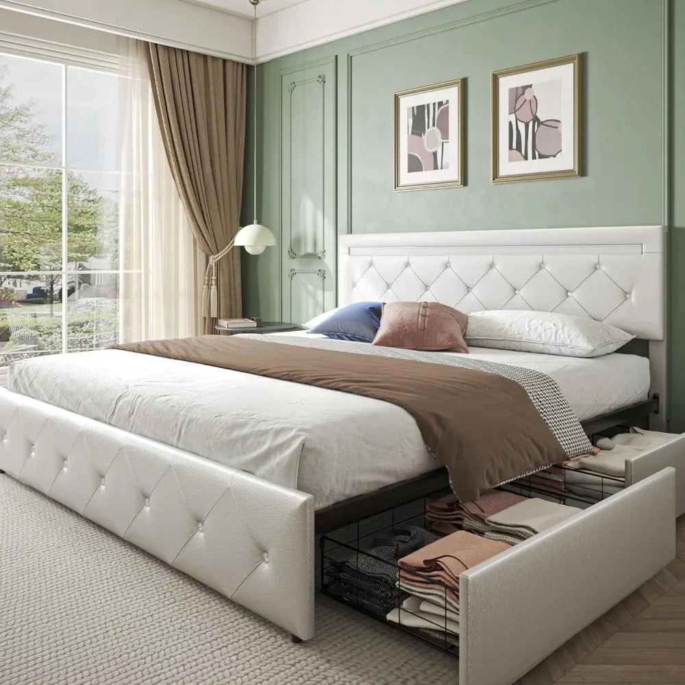 Bed Frame with Storage Drawers and LED Light