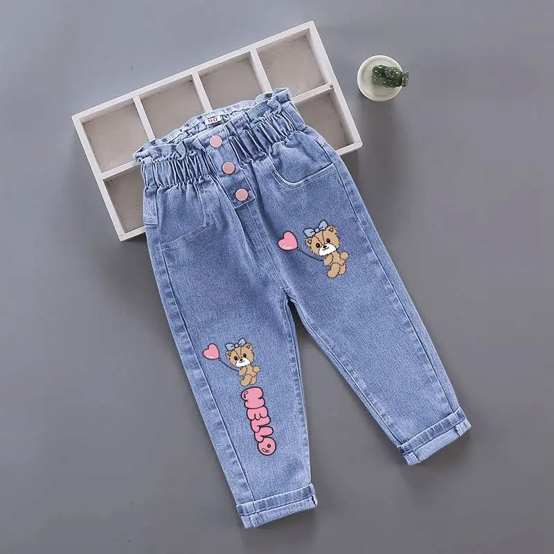 Korean version Children's Jeans 2026 Spring Autumn Season New Girls' High Waist Elastic Love Cat Printed Jeans Infant Pants