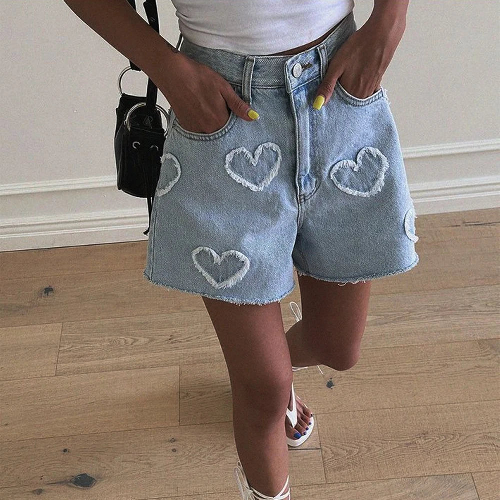 High Waist LOVE Heart Shaped Pattern Jean Shorts