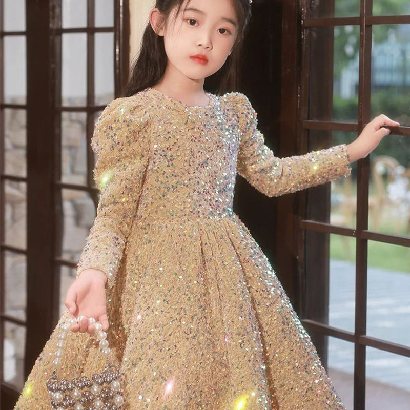 2-12 Yrs Flower Girls Dress Wedding Birthday Dress Golden Sequin Lace First Communion Dresses for Girls Baptism Party Vestidos
