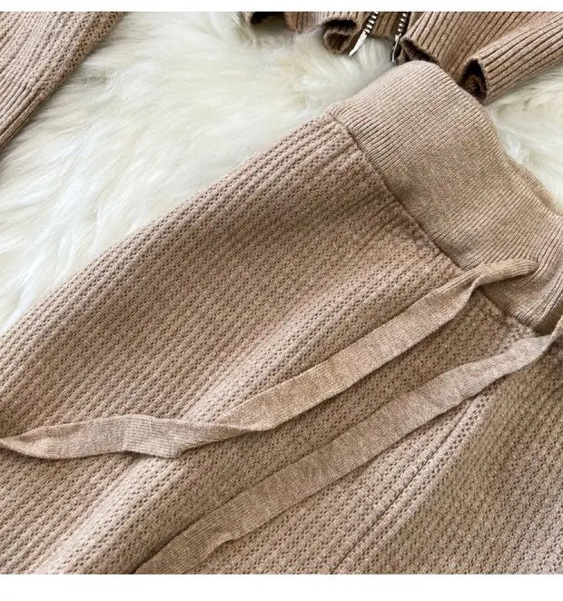 Zipper Hooded Slim Fit Knitted Sweatshirt Set