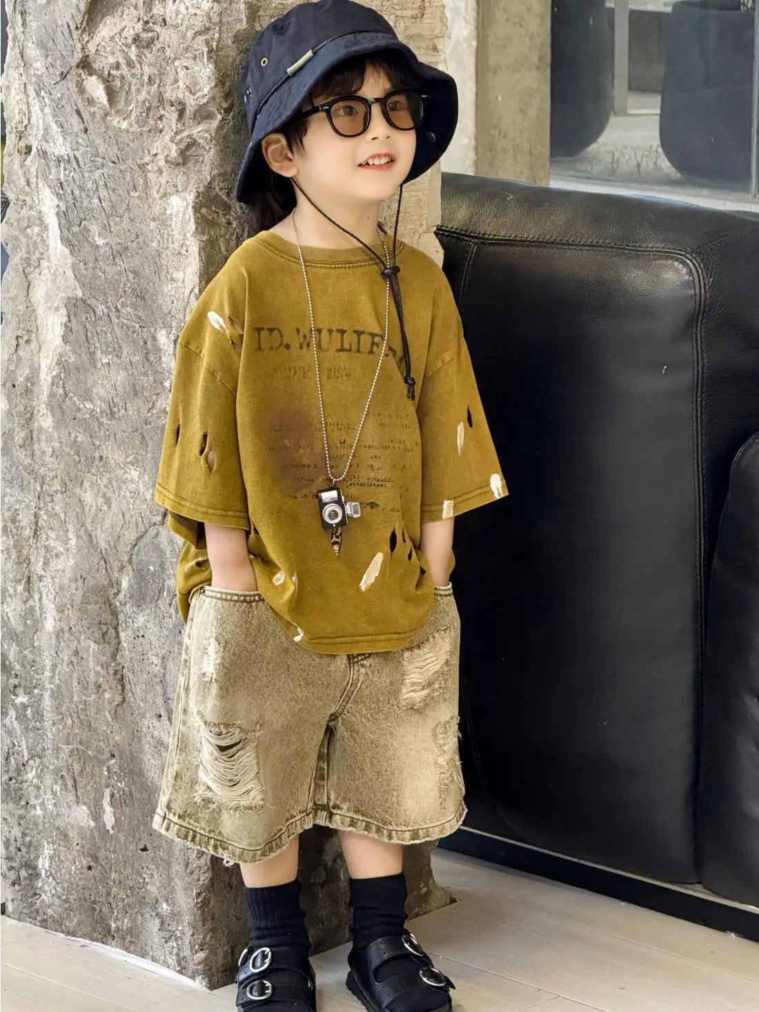 100-150cm Boys' clothing set summer new style children's ripped denim shorts tie dye short sleeved T-shirt 2-piece set