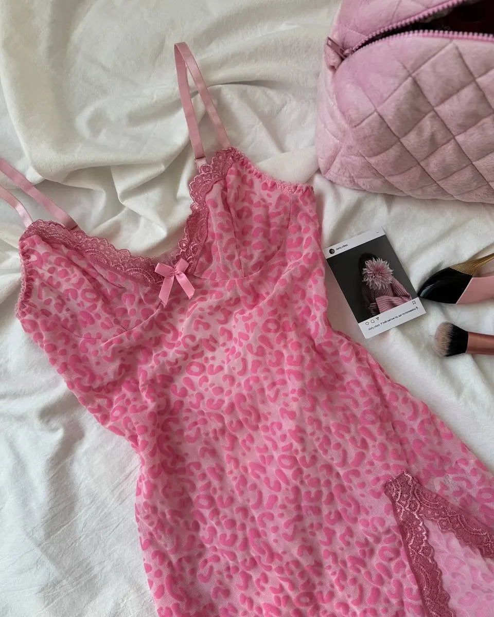 Leopard Print V Neck Lace Split Slip