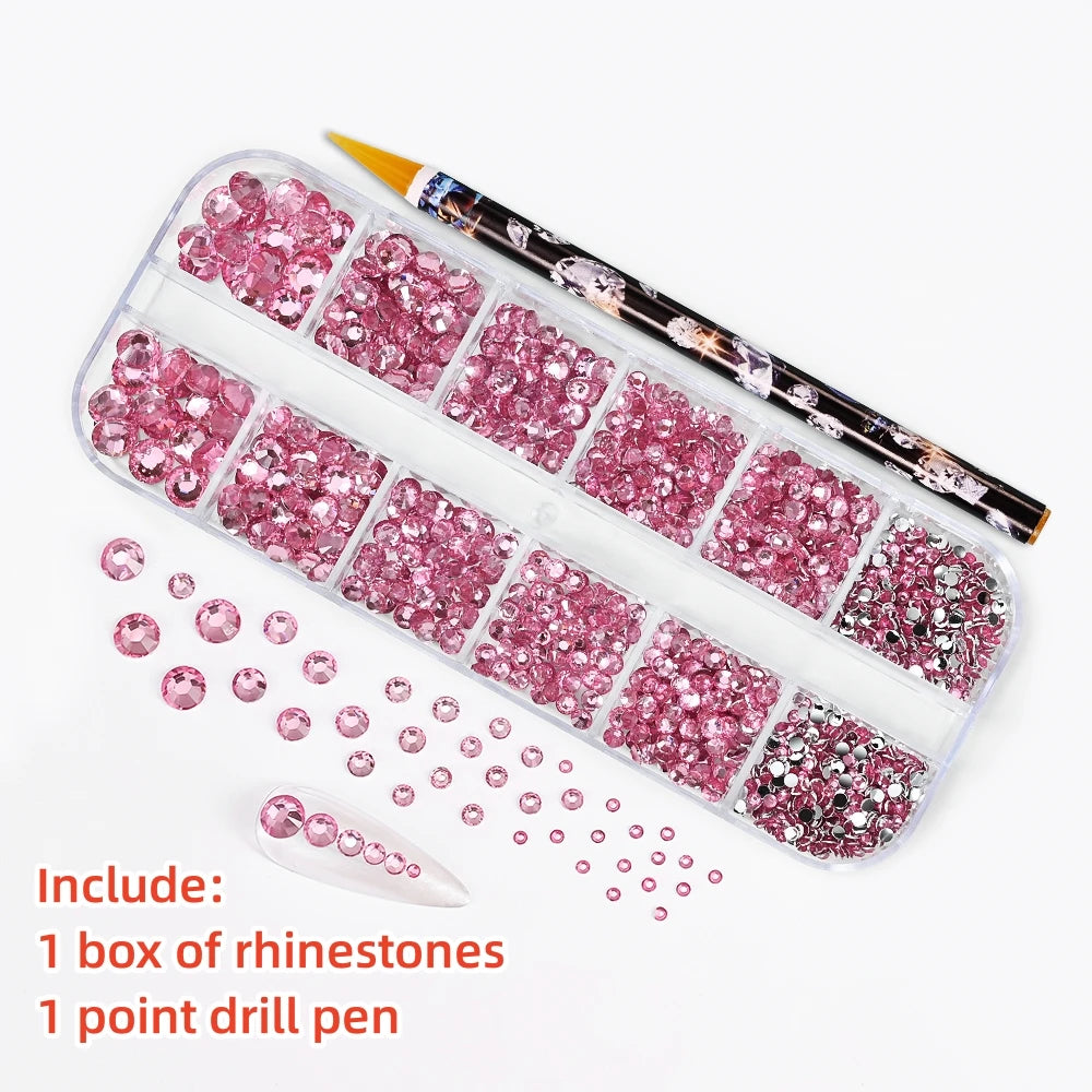 12Gird 3D Glass AB Crystal Nail Art Rhinestones Kit Flatback Round Bead Charm Gem Stones Jewelry Diamond with Tools for Nail Art