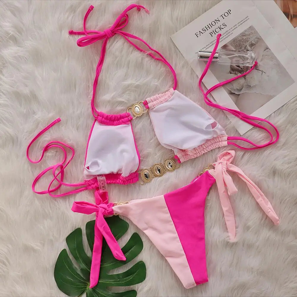 Rhinestones Splicing Bikini Set