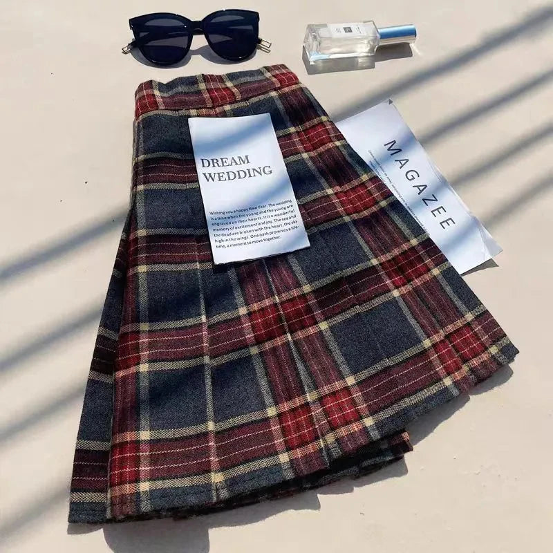 Plaid Woolen Pleated Skirt