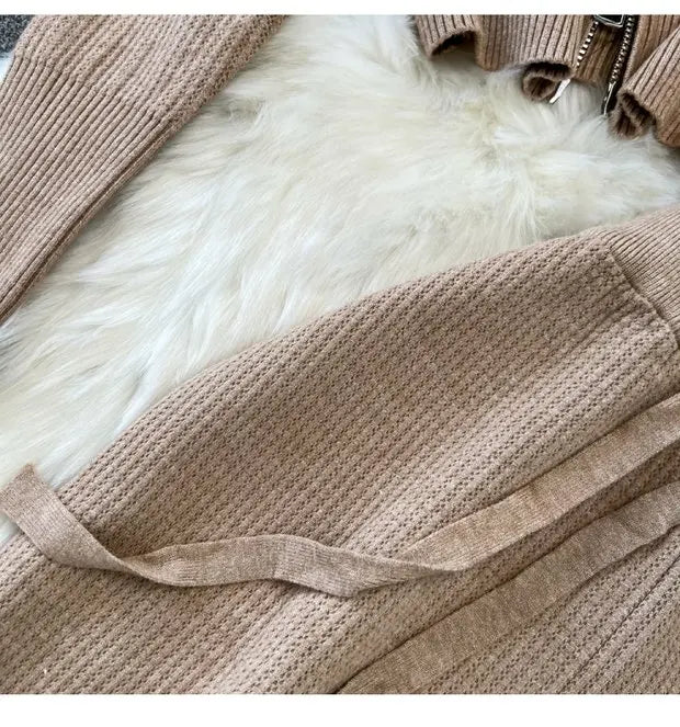 Zipper Hooded Slim Fit Knitted Sweatshirt Set