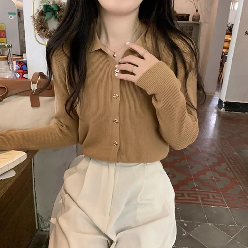 Autumn Elegant Fashion Solid Knit Cardigan Women Clothing Chic Turn-down Collar Long Sleeve Sweater All-match Elegant Button Top