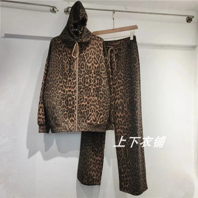 Leopard Zipper Hoodies + Pants Set
