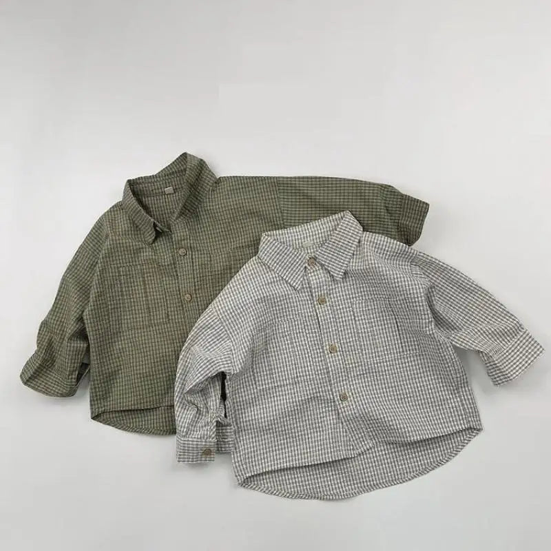 2025 Spring New Children Long Sleeve Lapel Plaid Shirts Infant Boys Vintage Casual Coat Toddler Girls Pocket Tops Kids Clothes
