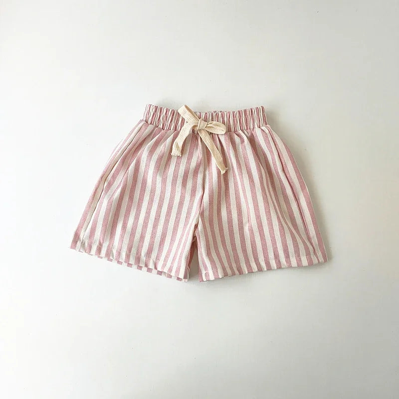 Children's Clothing Vintage Linen Cotton Stripe Pants Baby Boy Girl Casual Shorts Spring Summer Girls Loose Trousers and Shorts