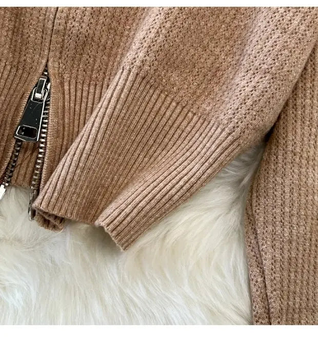 Zipper Hooded Slim Fit Knitted Sweatshirt Set