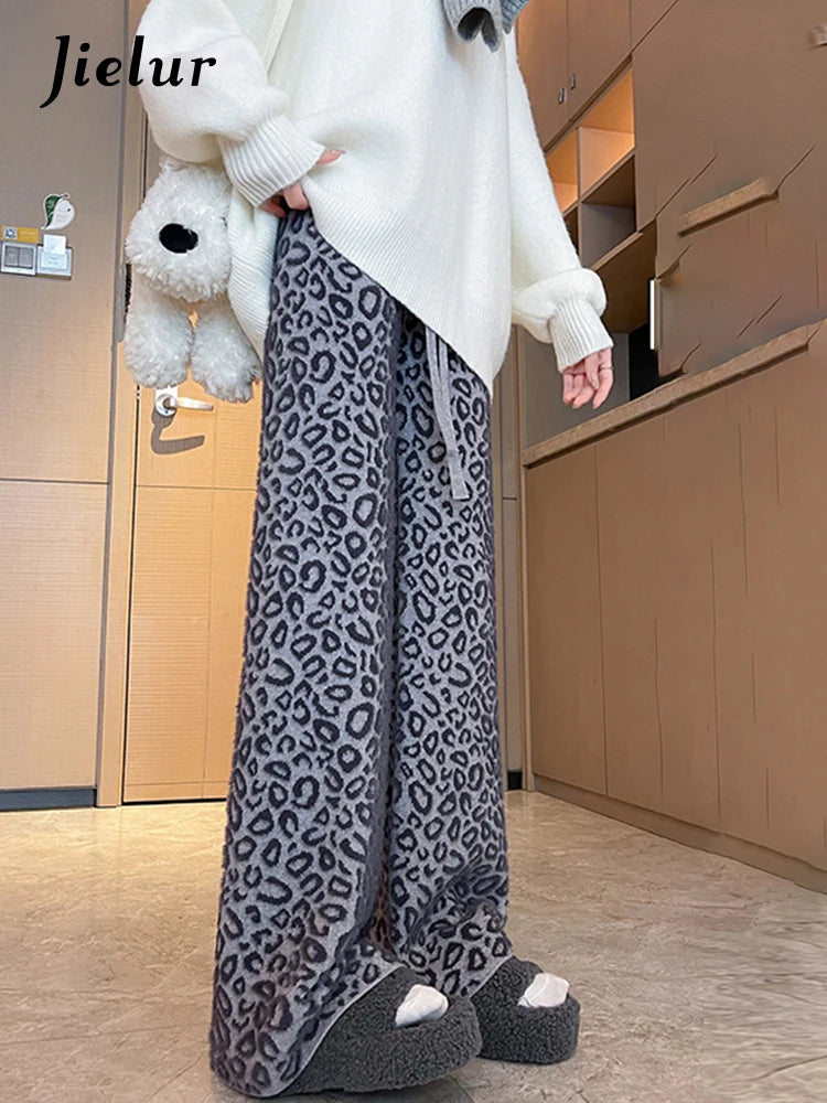 Leopard Print Contrast Color Basic Full Length Wide Leg Pants