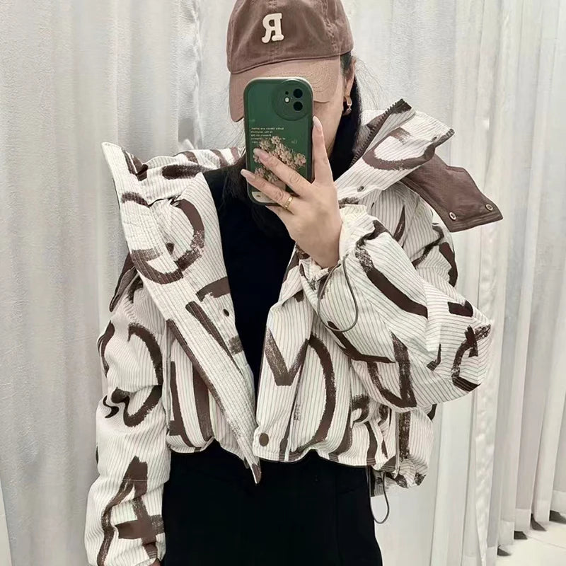 Letter Print Street Short Hooded Coat White Duck Down Jacket
