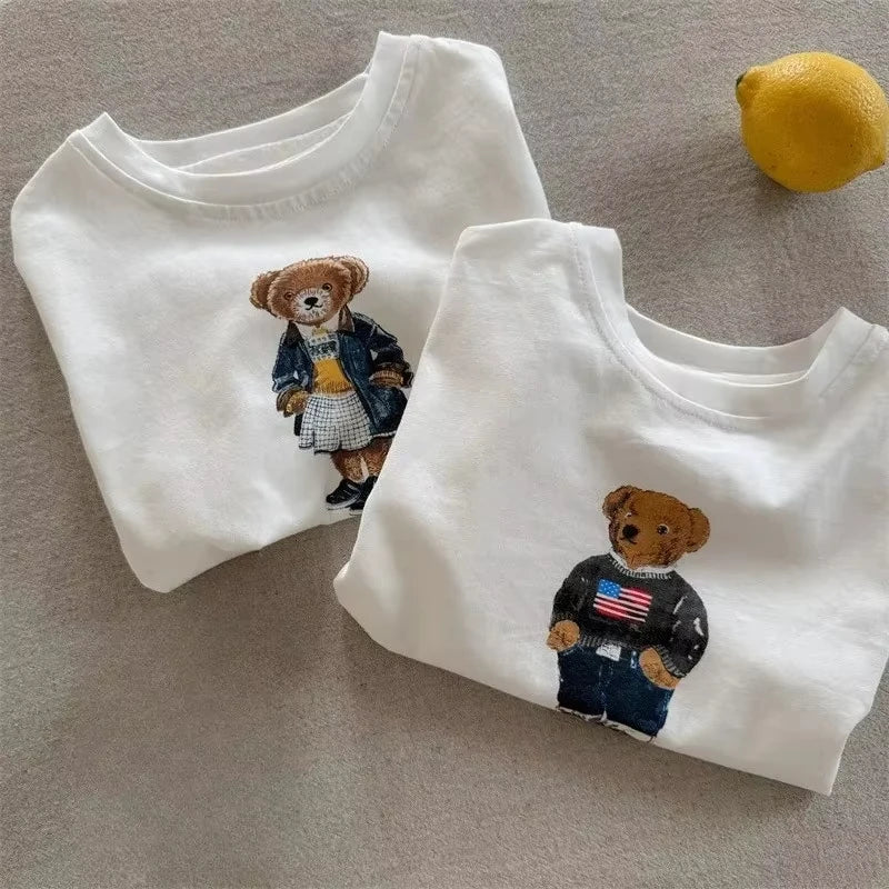 Children's cotton T-shirt boys and girls cartoon teddy bear short-sleeved T-shirt cute pattern top suitable for all seasons