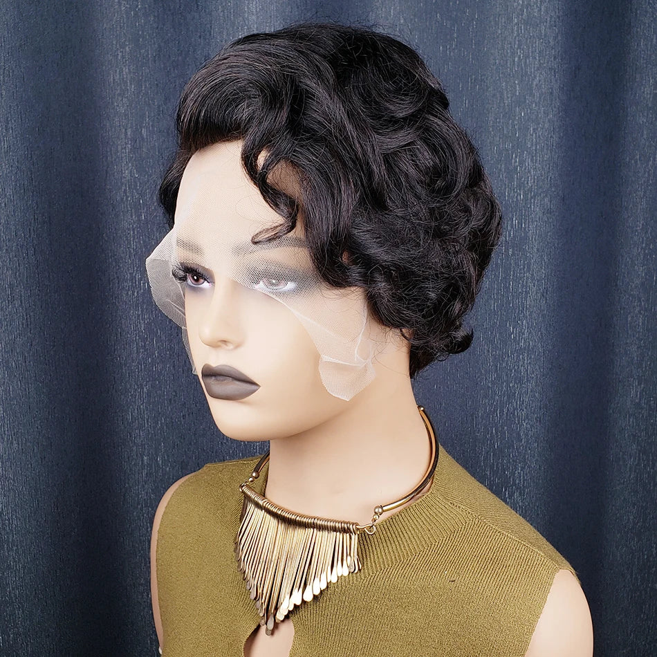 Short Curly Pixie Cut Wig Human Hair for Women Black Layered 13x4x1 T-Part Lace Front Short Human Hair Pixie Cut Glueless Wig