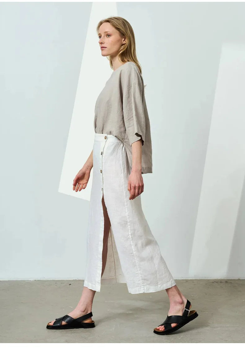 Linen Cotton Side Split Skirt