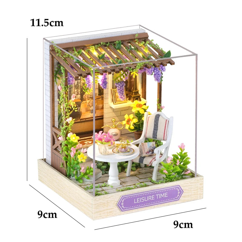 Wooden Miniature Doll House DIY Handmade Assembly Model Building Kit With Dust Cover