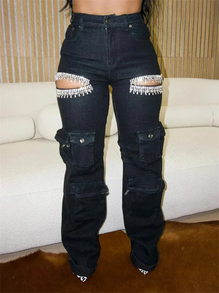 Tassel Diamond Pieces Mid Waist Straight Leg Jeans