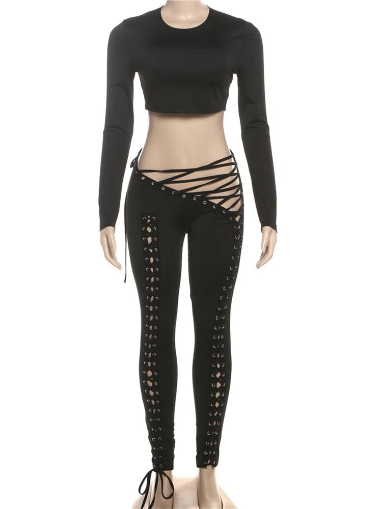 2-Piece Set O-Neck Long Sleeve Simple Crop Tops+Cross Bandage Hollow Pants