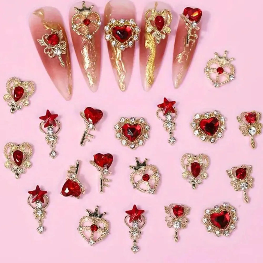 30Pcs-6gGrids Luxury Sailor&Moon 3D Red Crystal Nail Charms Gold Alloy Metal Love-Heart Diamond Nail Decor DIY Manicure Jewelry