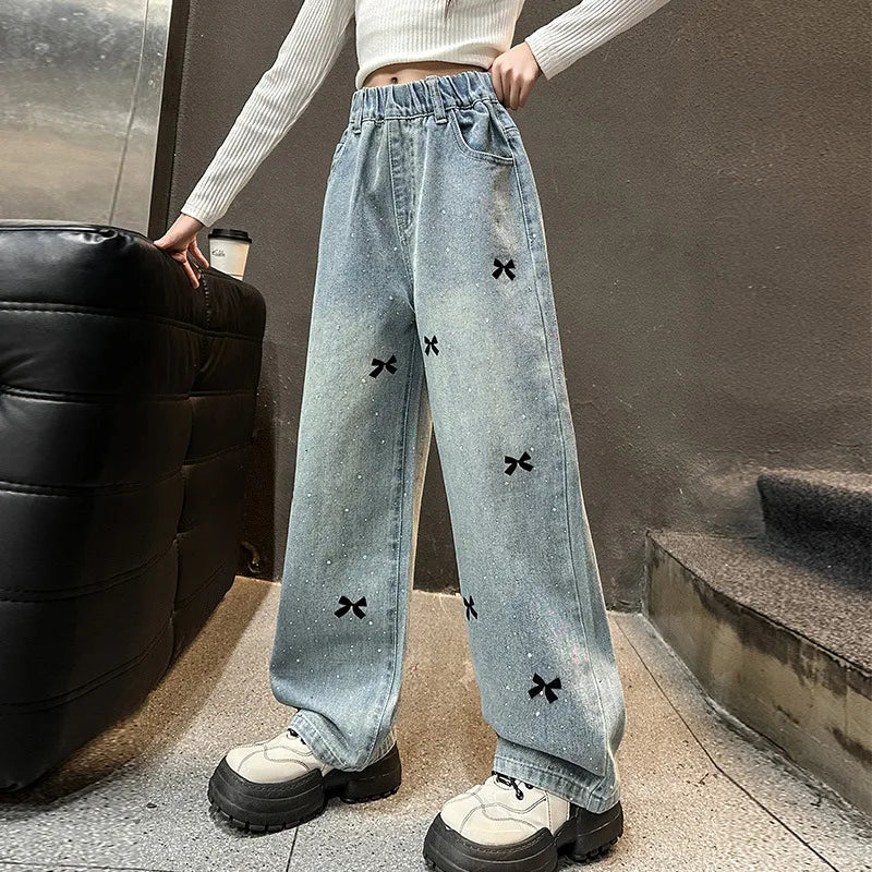 2026 Spring Child Casual Jeans with Bow Embroidery for Girl Fashion High Street Denim Pants Kids High-waisted Jeans Trousers