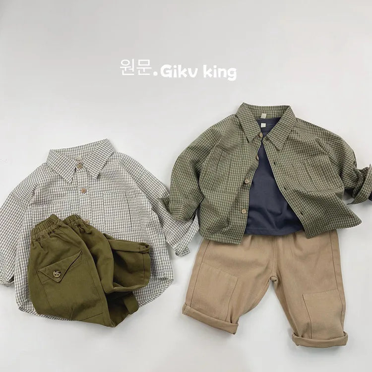 2025 Spring New Children Long Sleeve Lapel Plaid Shirts Infant Boys Vintage Casual Coat Toddler Girls Pocket Tops Kids Clothes